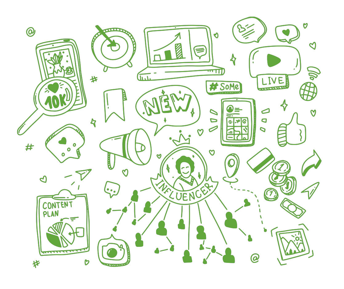 Doodle social media icons. Drawing symbols, website sketch art. Network or digital marketing, photo click arrow web vector set. Doodle sketch and internet drawing to social online illustration